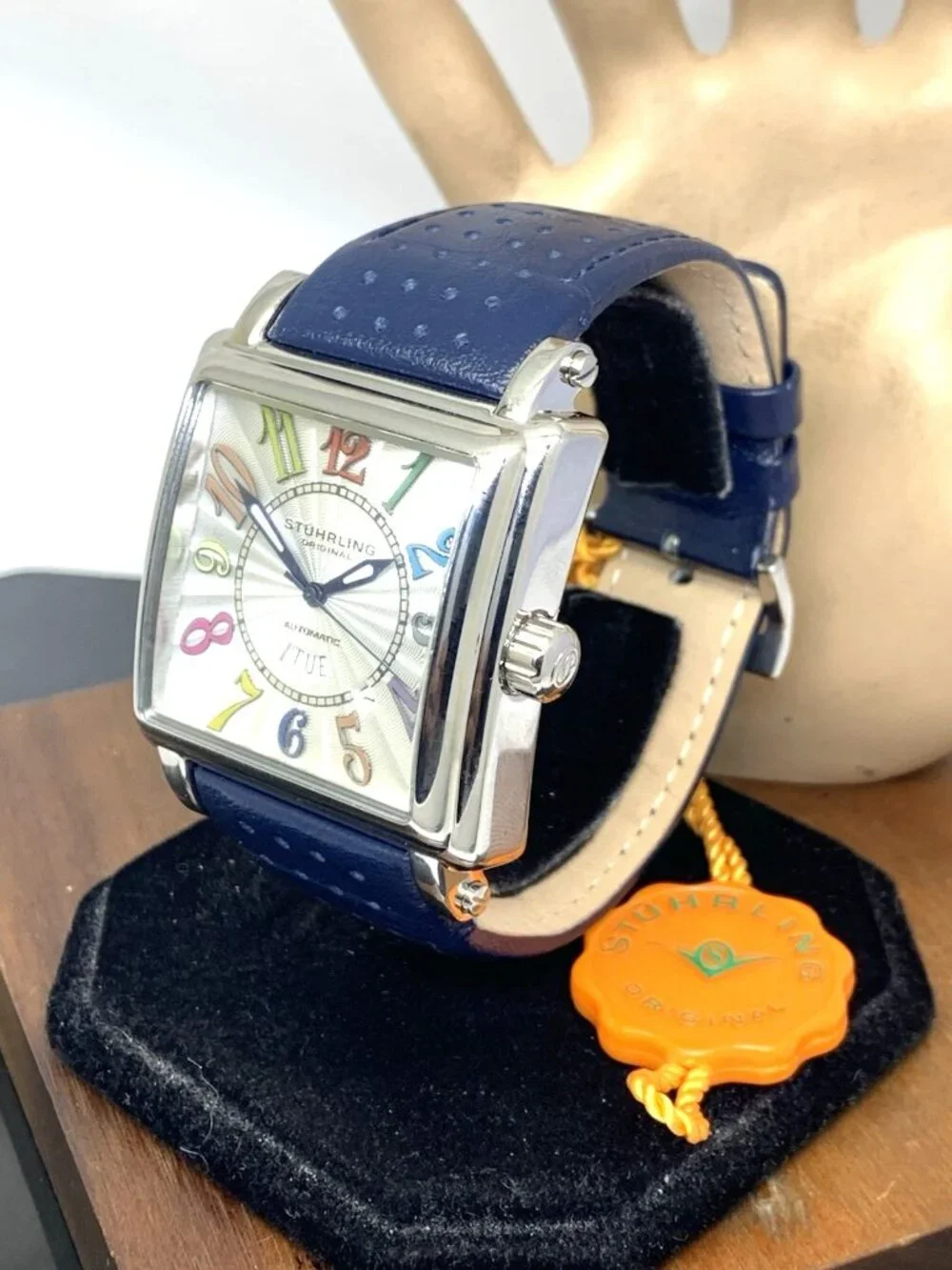 Stuhrling Men's Watch Manchester Ozzie Automatic Silver Blue Leather Band 41mm